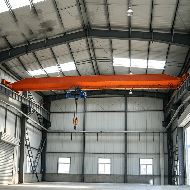 Single girder overhead crane with wire rope hoist in a steel workshop