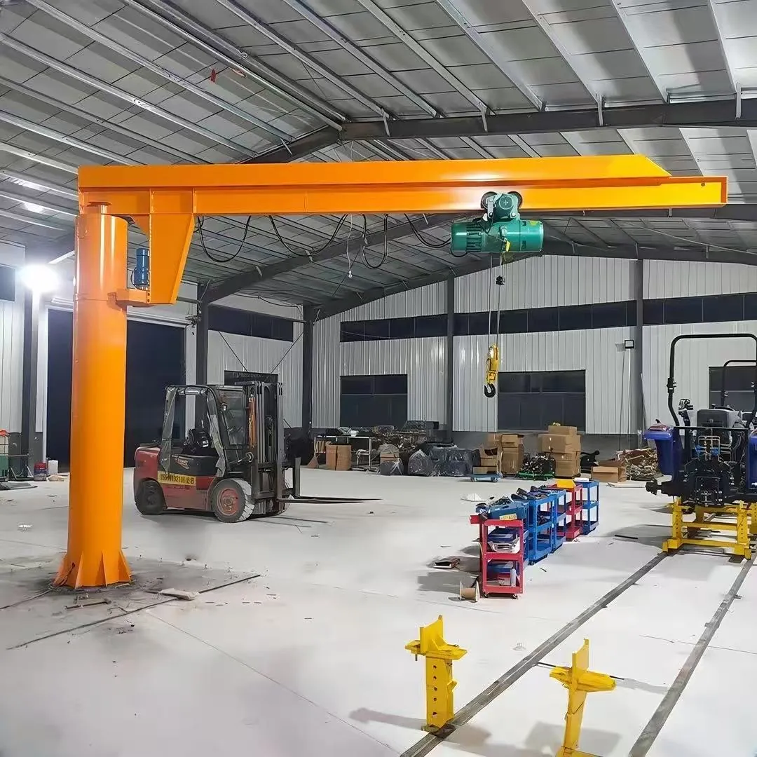 Free-standing pillar jib crane installed in a workshop yard
