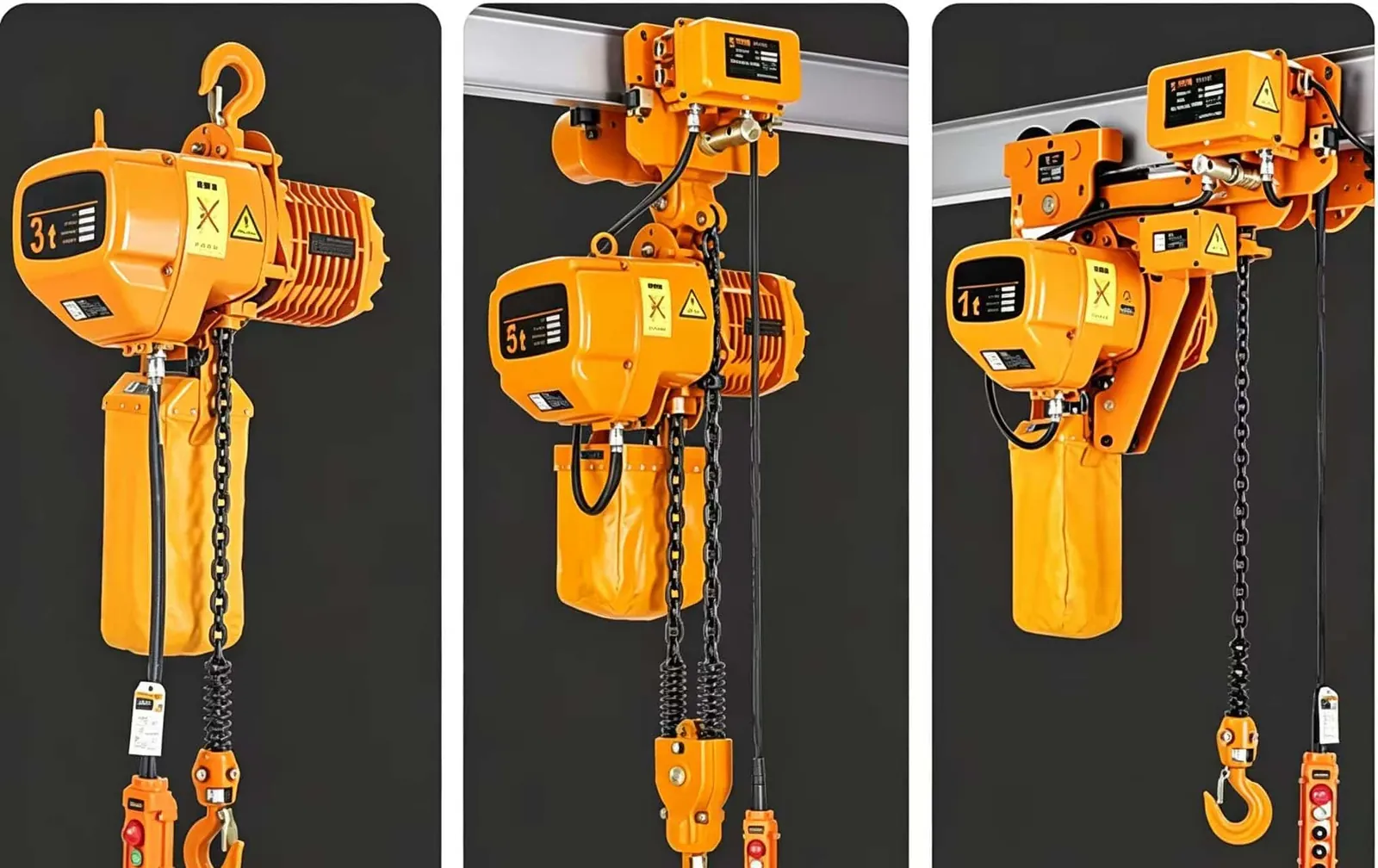 Three electric chain hoist types: hook suspension, trolley and low headroom