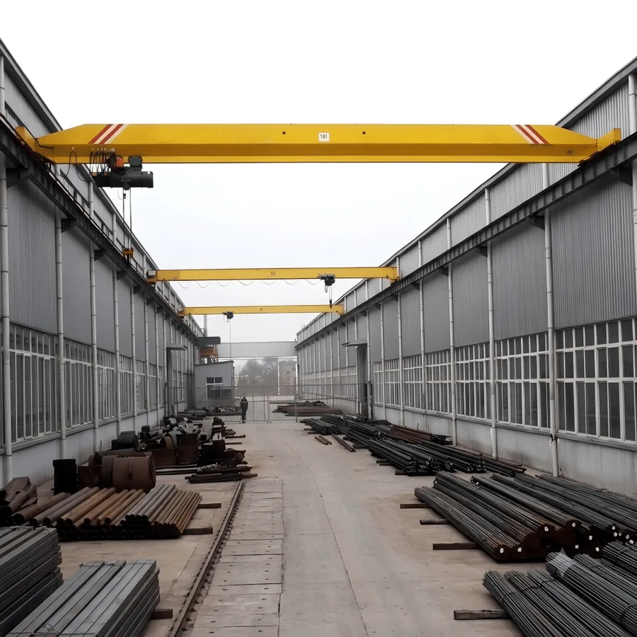 Double girder overhead crane in a steel fabrication workshop